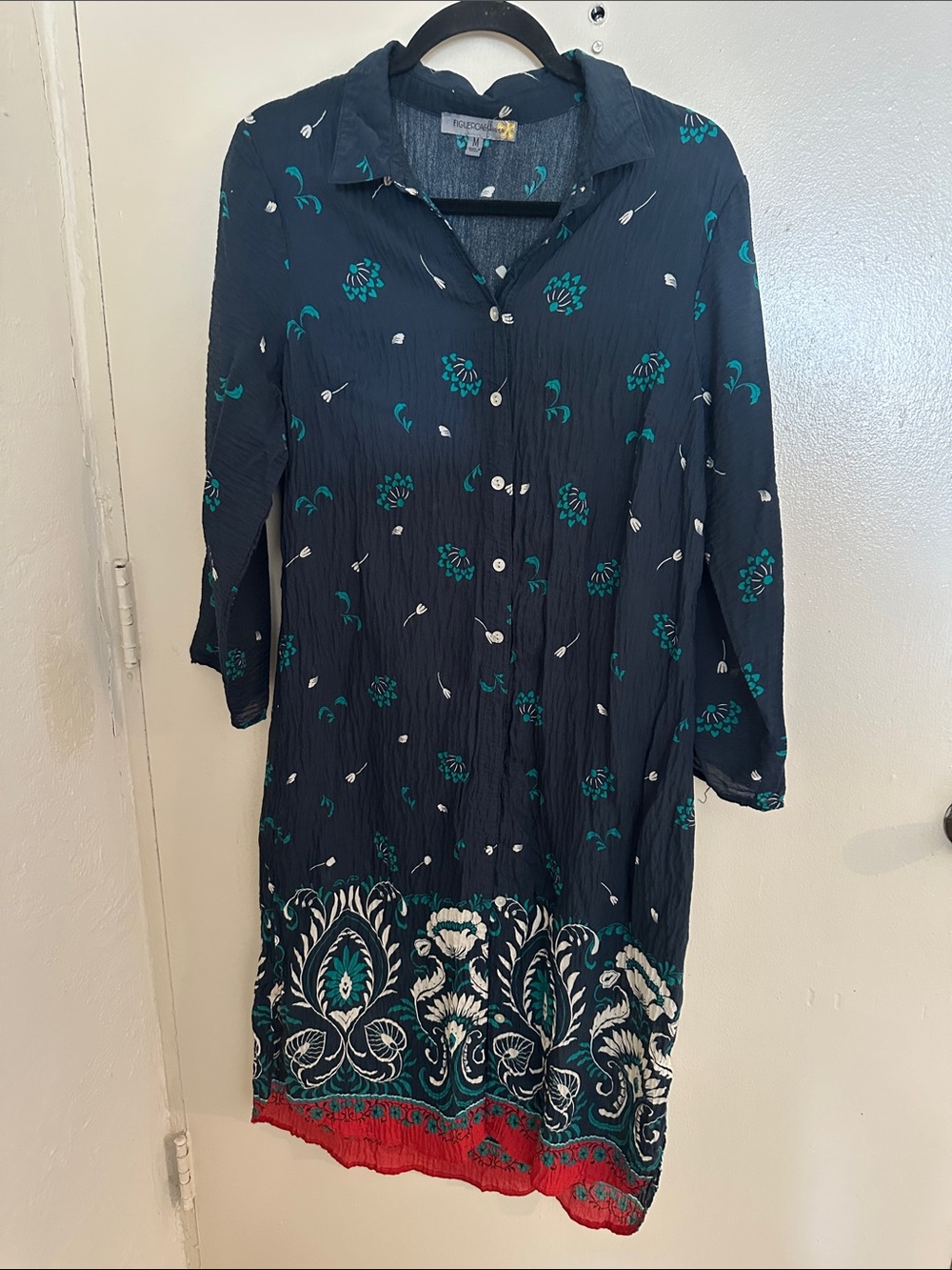 FIGLEROA & FLOWER Woven Navy Floral Shirt Dress Women's M 3/4 Sleeve